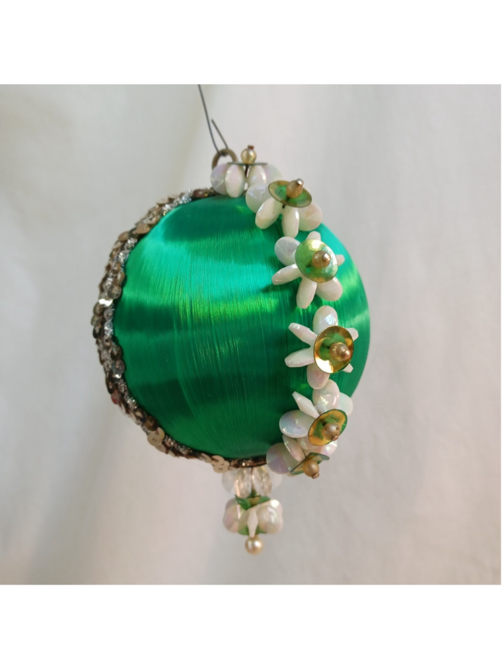 Vintage Pushpin Beaded Satin Ornament Granny Core Green White Rick Rack Silver